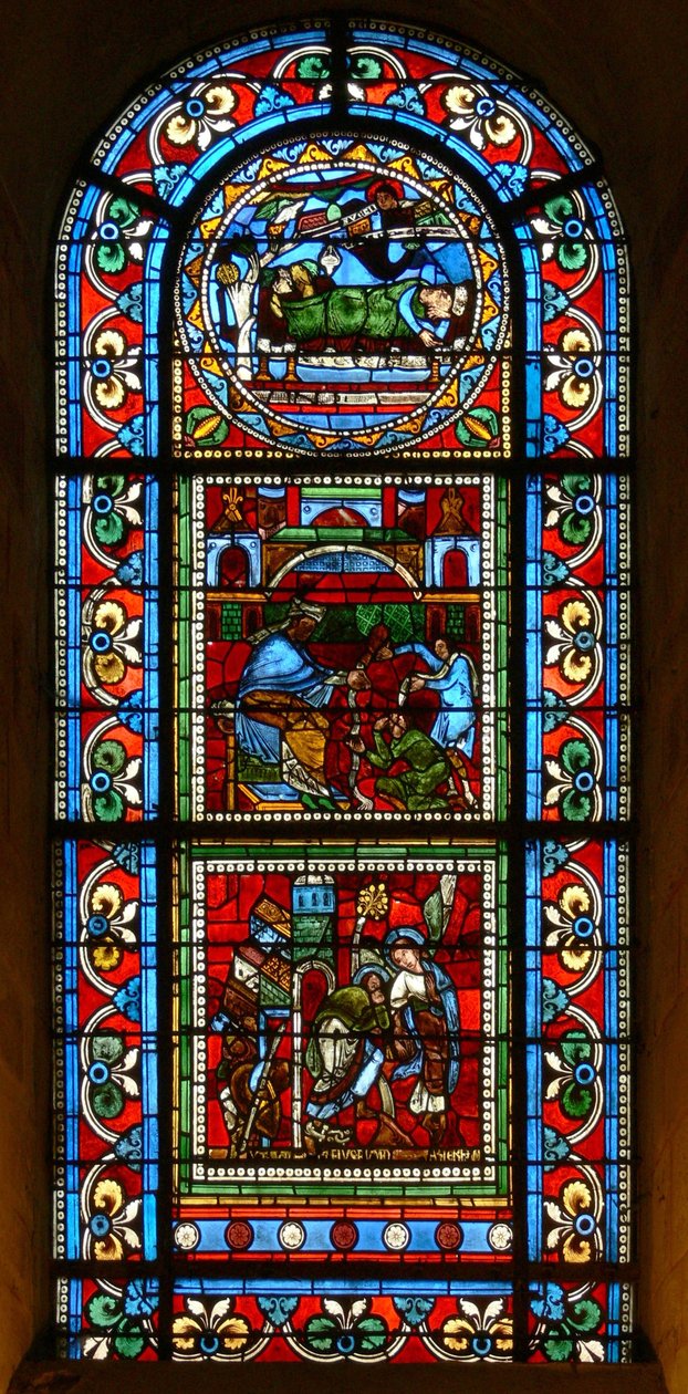 Window wXVIII depicting 3 panels attributed to the Ascension Master: a sleeping king; Pilate washing his hands; St Peter is led out of prison by an angel by French School