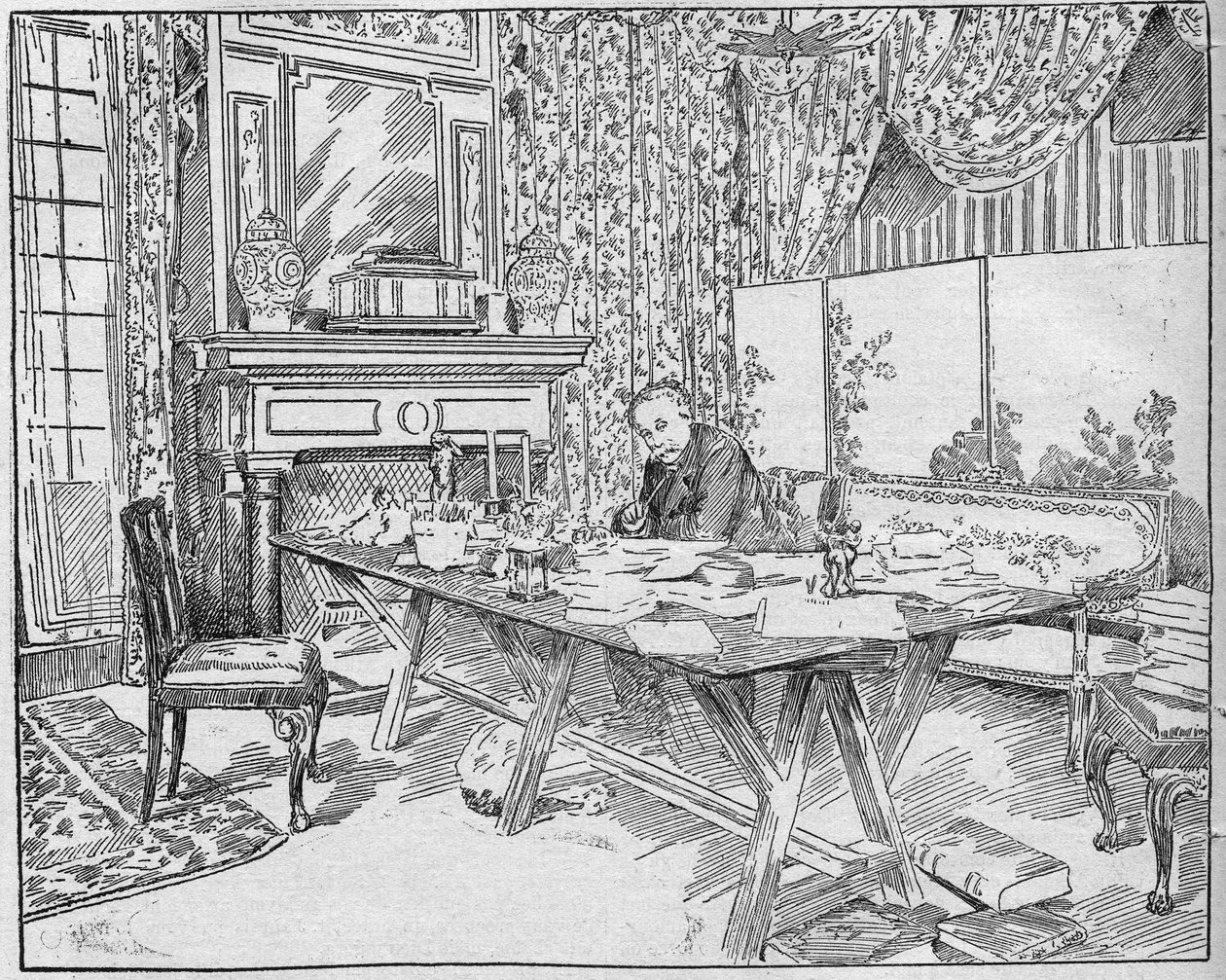 Writer Alexandra Dumas Jr. (1824-1895) in his work cabinet. Engraving in 