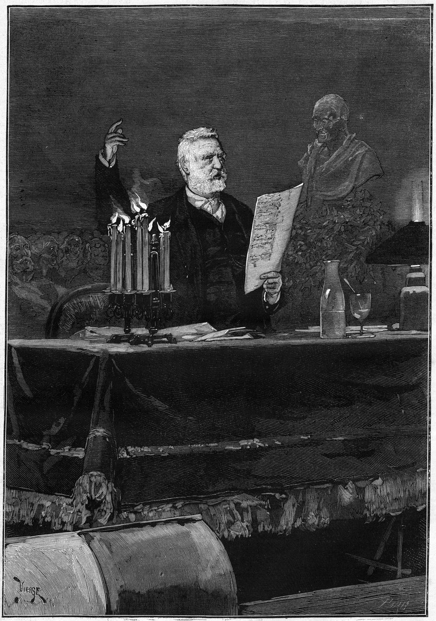 Victor Hugo speaking on the occasion of the centenary of the death of Voltaire at the Theatre de la Gaite in Paris on 30 May 1878. Engraving in Le Monde Illustré n°1106 of 8 June 1878 by French School