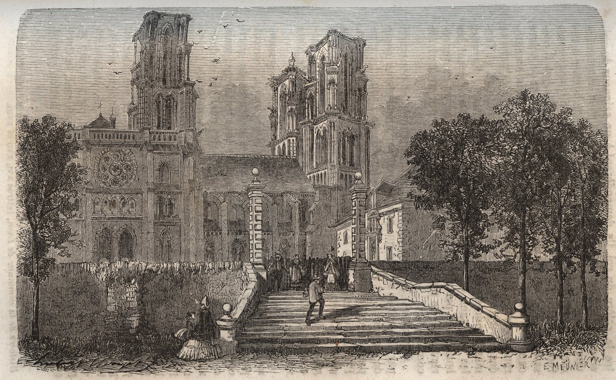 Cathedrale Notre-Dame de Laon (1150-1180), Aisne - engraving in 