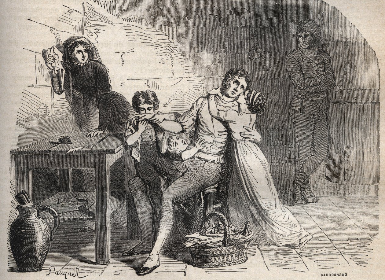 The Lyon mail post affair - Case of the Lyon mail: The farewell of Joseph Lesurques to his family: supposedly involved in the case of the Lyon mail in 1796 he was wrongly accused of having attacked the Lyon post trunk and was guillotined - Engraving in by French School