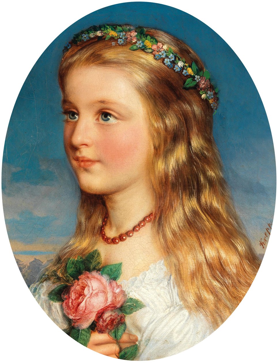Friedrich Krepp Portrait of a Girl with Flower Wreath and Roses by Friedrich Krepp