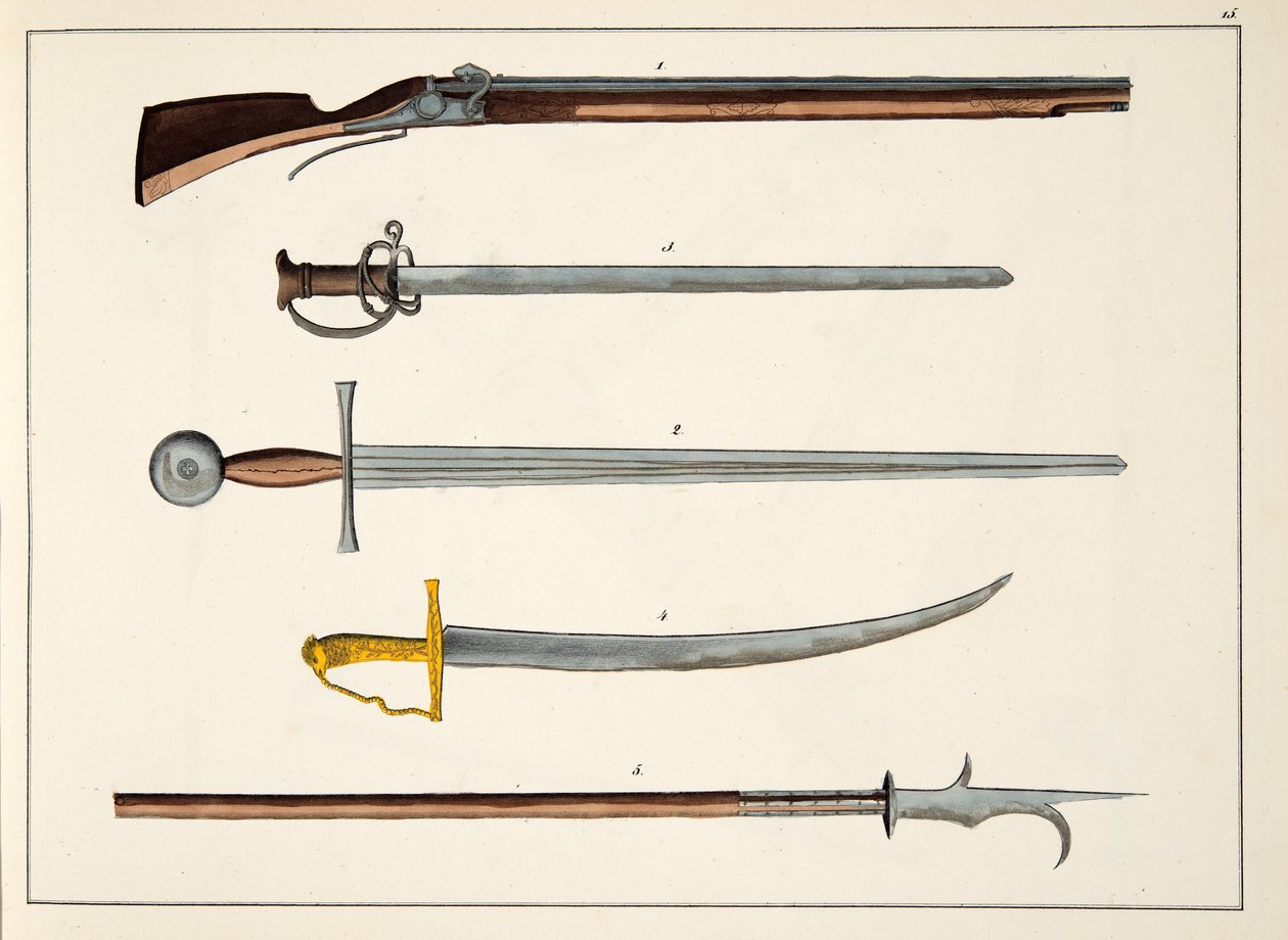 Weapons including swords and spears, c.1400, plate from A History of the Development and Customs of Chivalry, by Dr. Franz Kottenkamp, published by Carl Hoffmann by Friedrich Martin von Reibisch