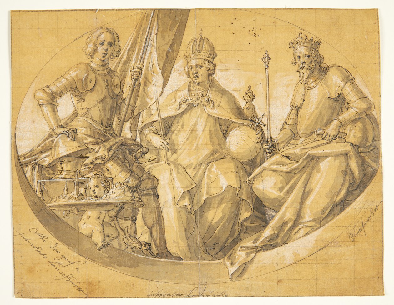 Draft for an Oval Ceiling Painting(?) Depicting Kings Otto the Great (912-973), Louis the Rich (1417-1479) and Ruprecht (1352-1410) by Friedrich Sustris