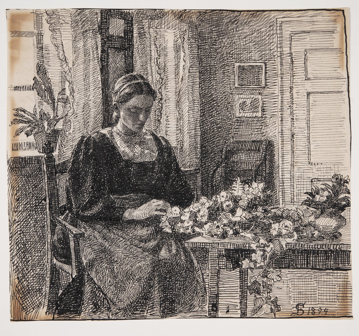 My Wife (Mrs. Anna Syberg) Making a Wreath by Fritz Syberg