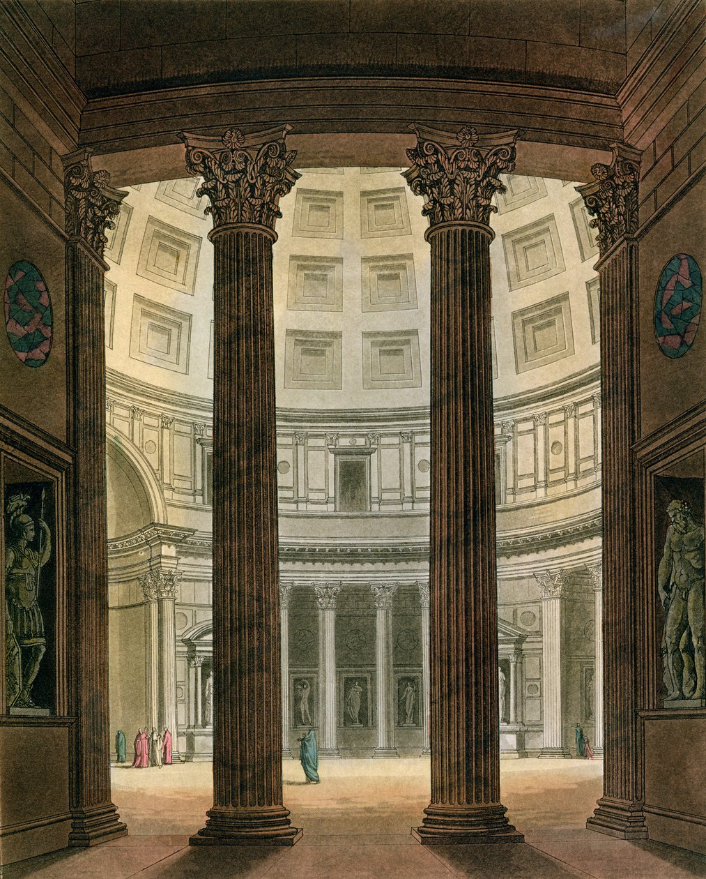 Interior of the Pantheon, Rome, from Le Costume Ancien et Moderne by Jules Ferrario, engraved by G. Castellini, published c.1820s-30s by Fumagalli