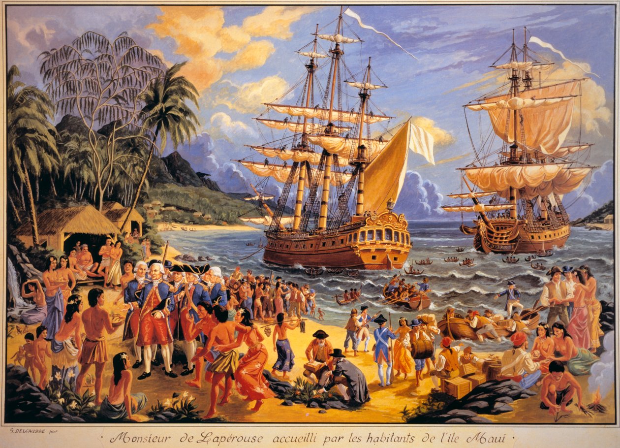Jean Francois Galaup de Laperouse Welcomed by the Inhabitants of Mawee Island in the Sandwich Islands in the Pacific Ocean by G. Delcausse