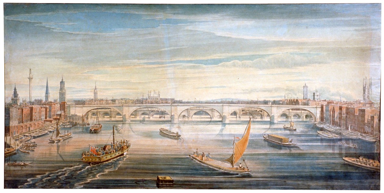 View of the new London Bridge from the west, with boats and barges on the Thames, 1831 by G Yates