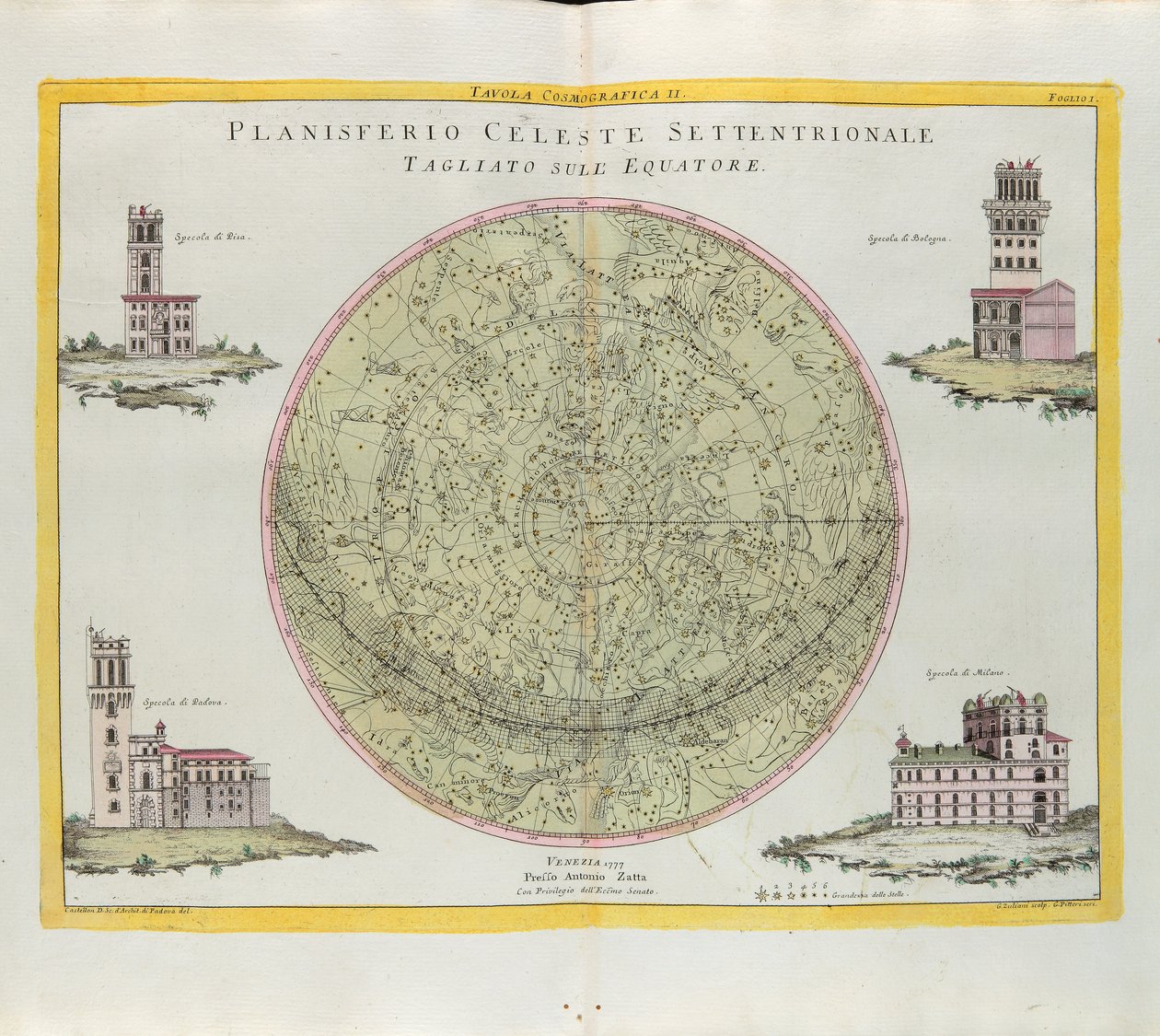 Cosmographic Table of the Northern Celestial Planisphere cut at the equator, engraving by G. Zuliani taken from Tome I of the Newest Atlas published in Venice in 1777 by Antonio Zatta by G. Zuliani