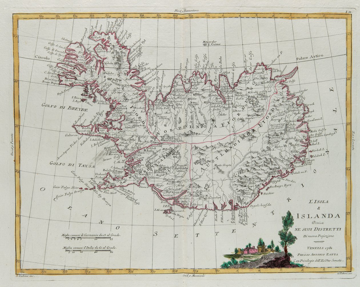 Iceland divided into its districts, engraving by G. Zuliani from 