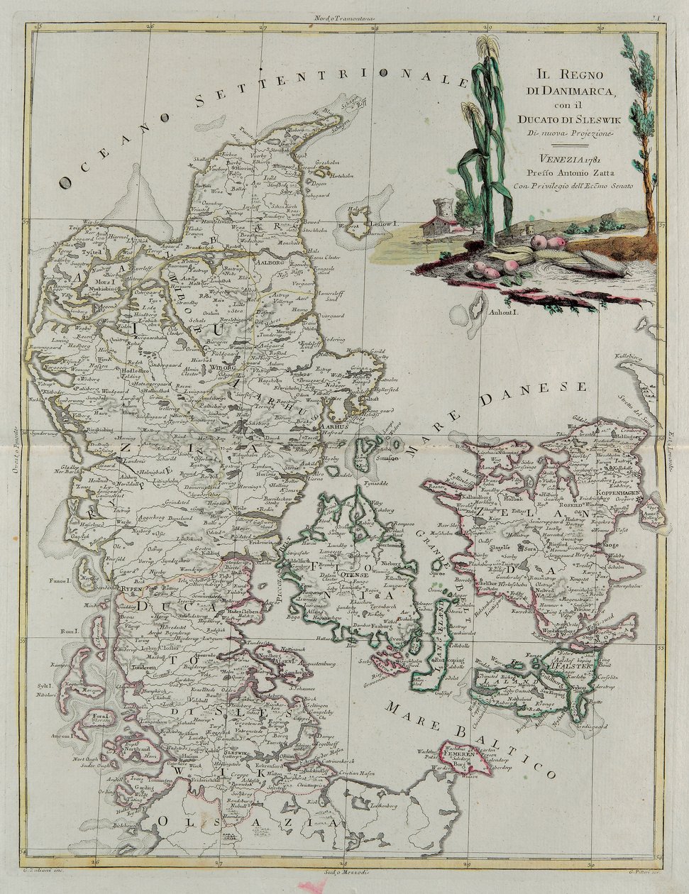 Kingdom of Denmark with the Duchy of Slesvik, Engraving by G. Zuliani from Tome III of the "Newest Atlas" by G. Zuliani