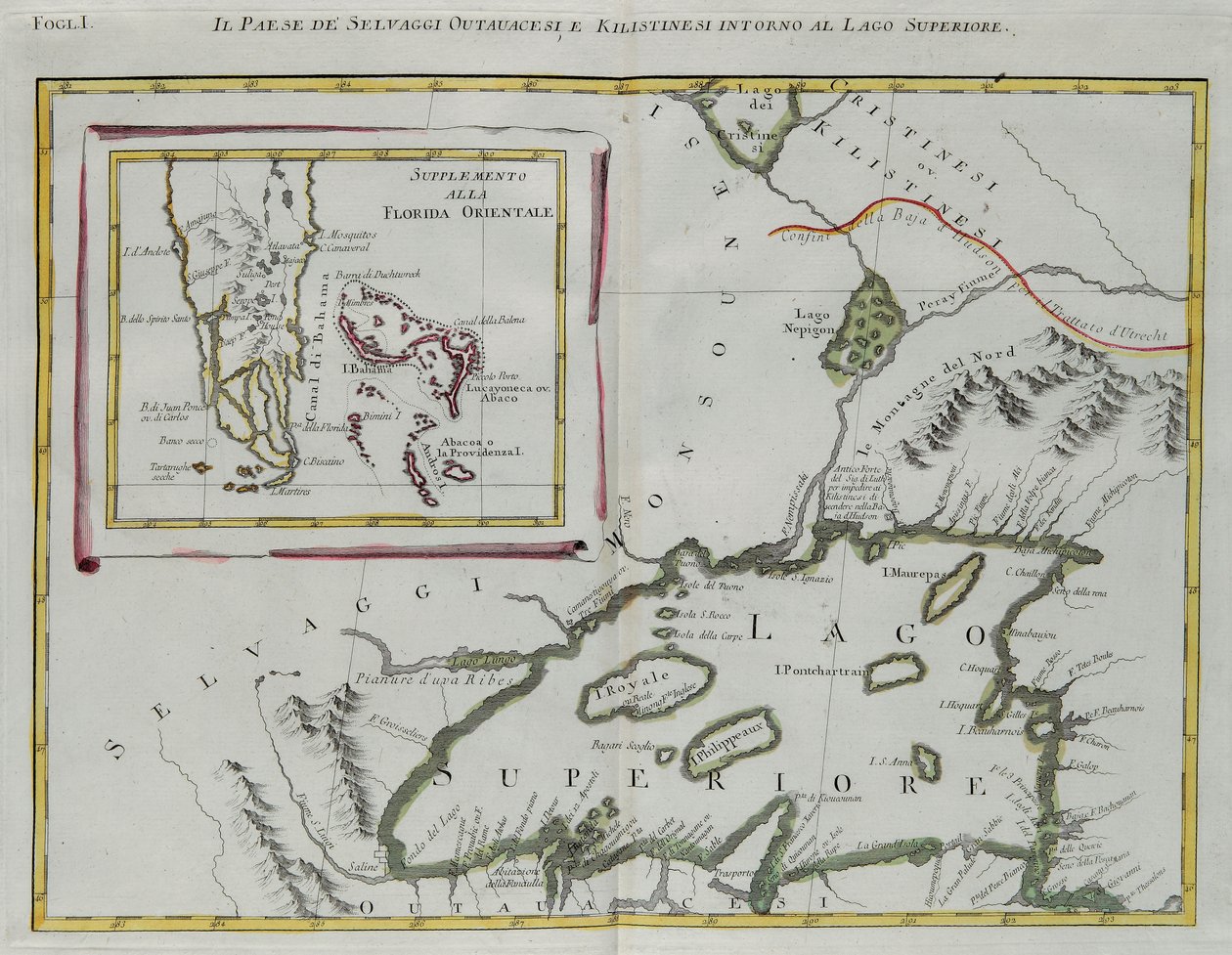 Land of the Ottawa and Kilistine Indians Around Lake Superior and a Supplement of Eastern Florida, Engraving by G. Zuliani from Tome I of the "Newest Atlas" by G. Zuliani