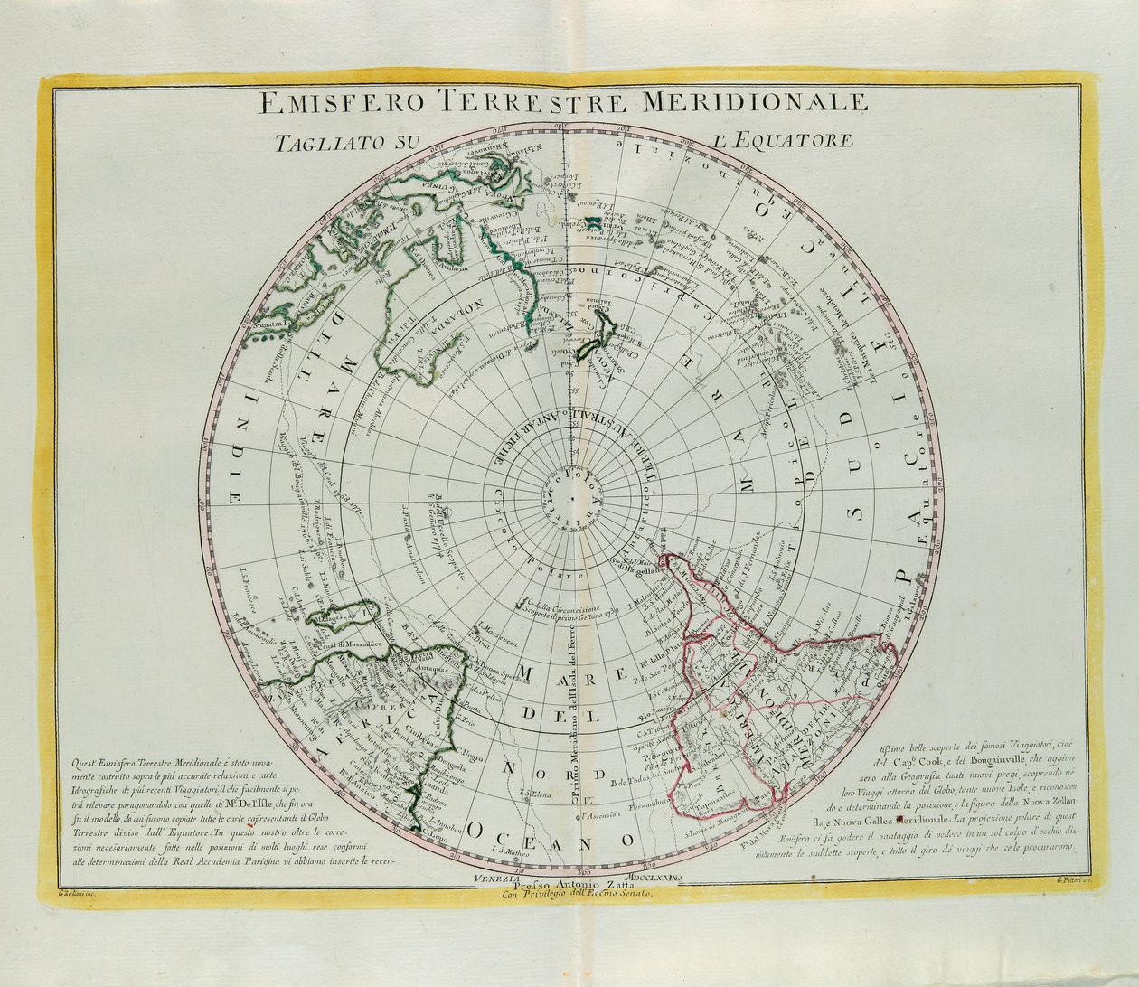 Southern Hemisphere of the Earth cut at the equator, engraving by G. Zuliani taken from Tome I of the Newest Atlas published in Venice in 1779 by Antonio Zatta by G. Zuliani