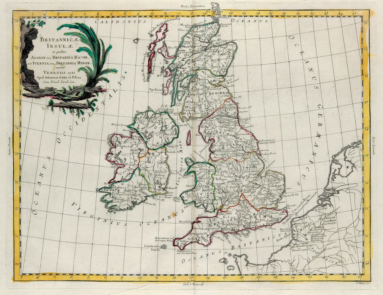 The British Isles in which are found Albion or Greater Britain and Ivernia or Lesser Britain, engraving by G. Zuliani taken from Tome I of the Newest Atlas published in Venice in 1785 by Antonio Zatta by G. Zuliani