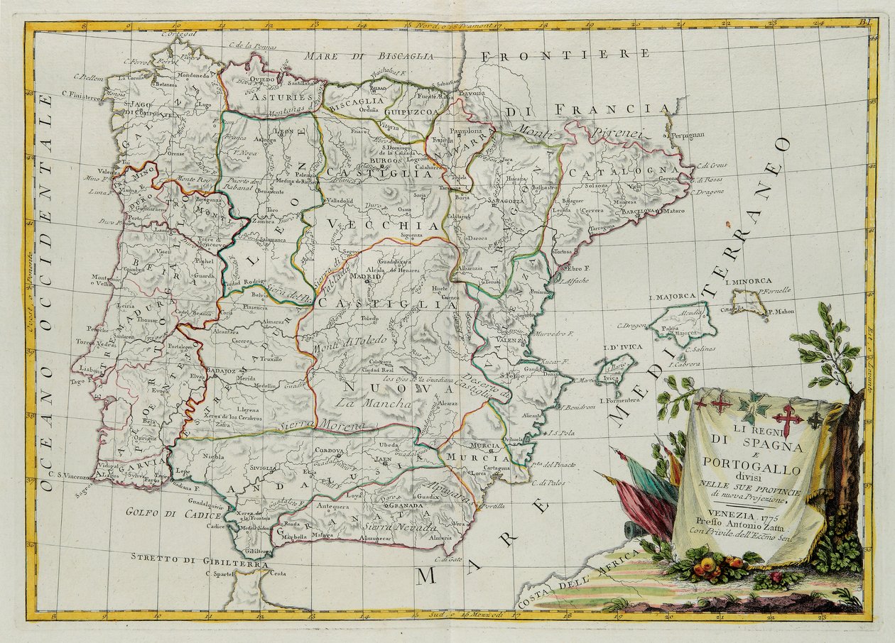 The Kingdoms of Spain and Portugal divided into their provinces, engraving by G. Zuliani taken from Tome I of the Newest Atlas published in Venice in 1775 by Antonio Zatta by G. Zuliani