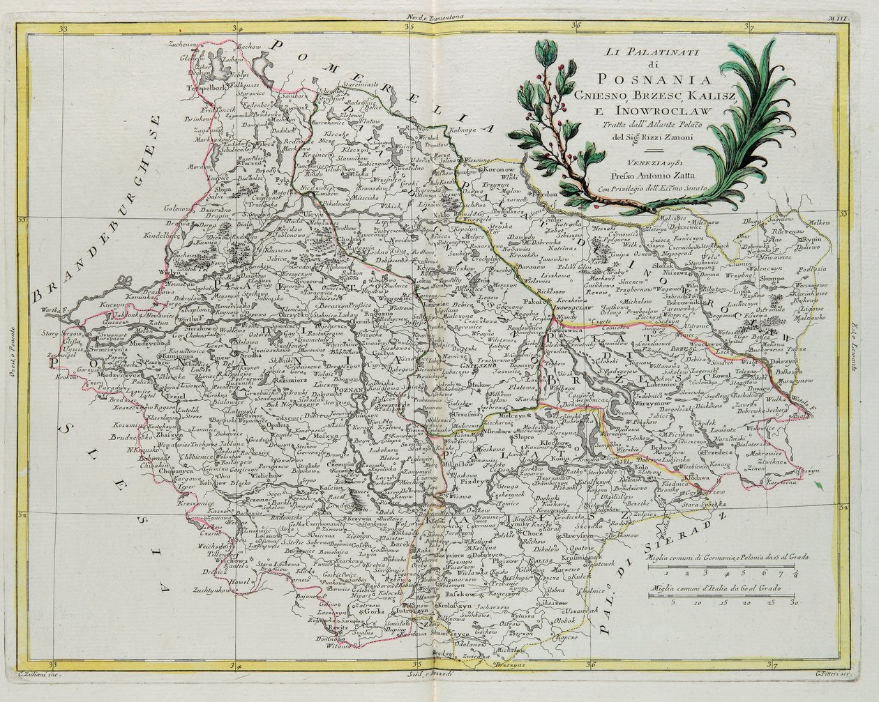 The Palatinates of Posnania, Gniesno, Brzesc, Kalisz and Inovroclav, Engraving by G. Zuliani from Tome III of the "Newest Atlas" by G. Zuliani
