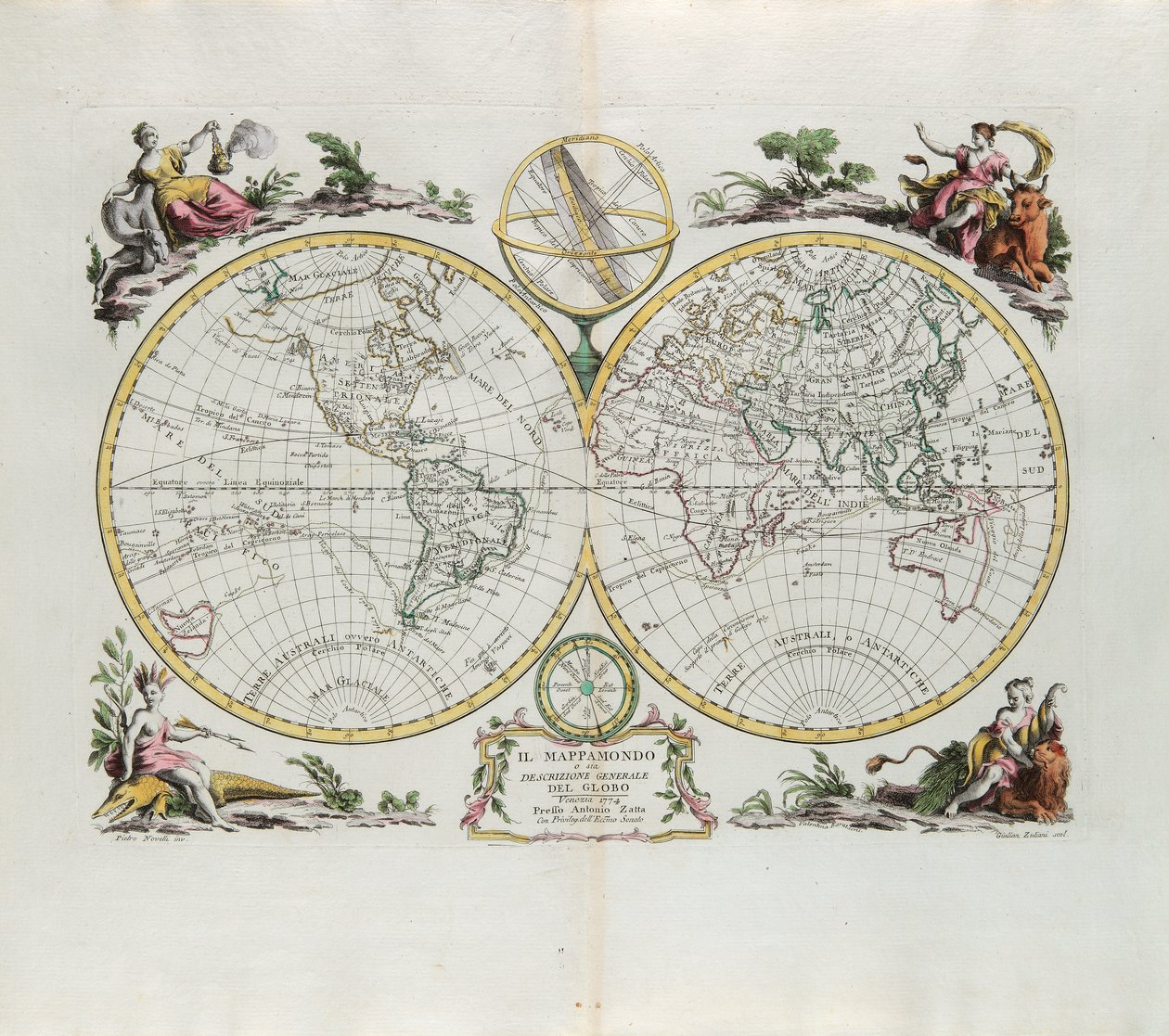 World Map and a general description of the globe, engraving by G. Zuliani taken from Tome I of the Newest Atlas published in Venice in 1774 by Antonio Zatta by G. Zuliani