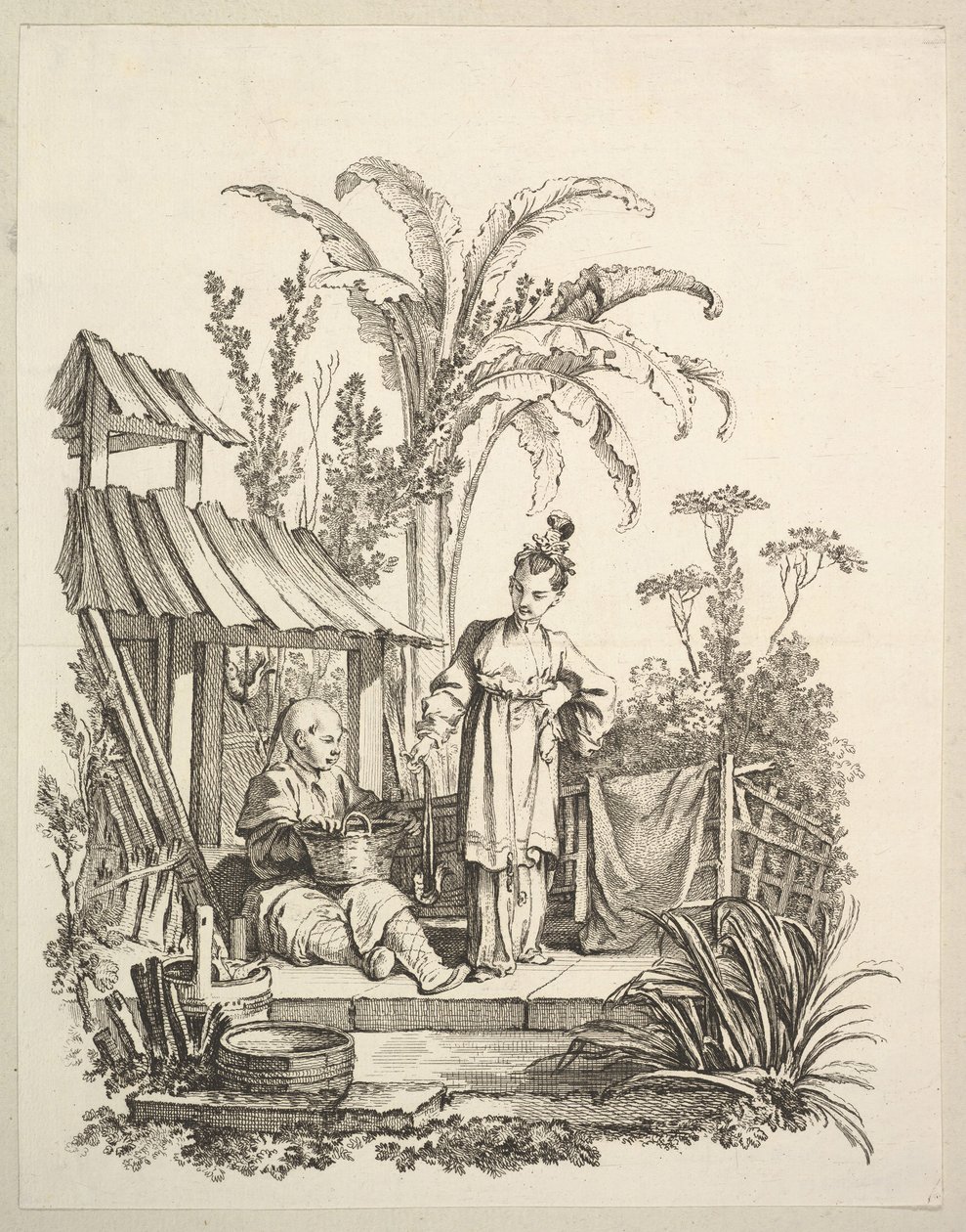 A Seated Chinese Man and a Woman Carrying a Fish, ca. 1742 by Gabriel Huquier