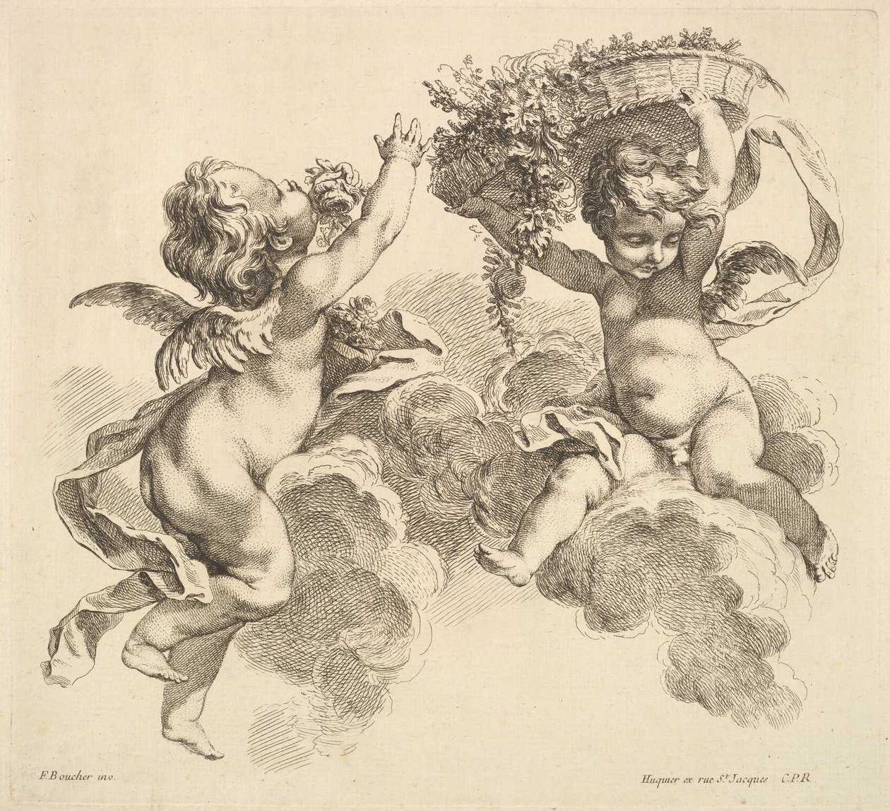Two Children, One Holding a Basket with Flowers by Gabriel Huquier