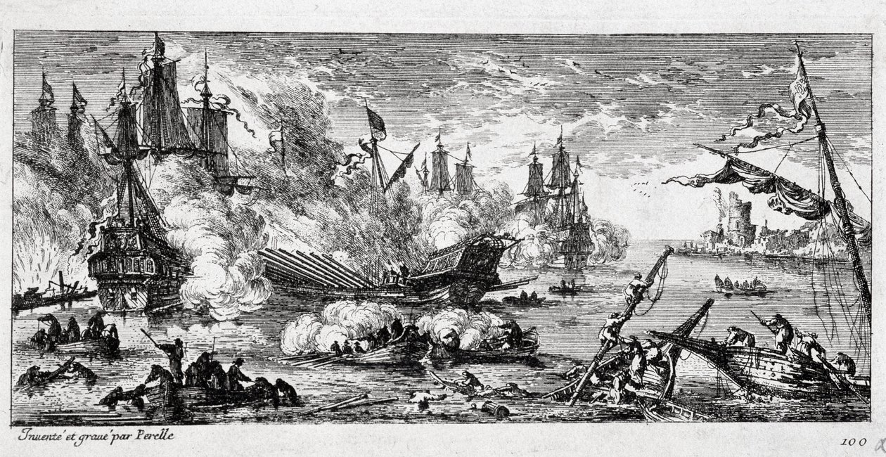 Naval Battle of Agosta (present-day Augusta in Sicily) between the French fleet and a Spanish and Dutch alliance on 22 April 1676. Also called the Battle of Mount Gibel or the Battle of Famagusta by Gabriel Perelle