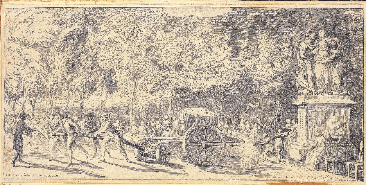 Figures pulling a barrel on a trolley in the Tuileries Gardens, 1760 by Gabriel de Saint Aubin