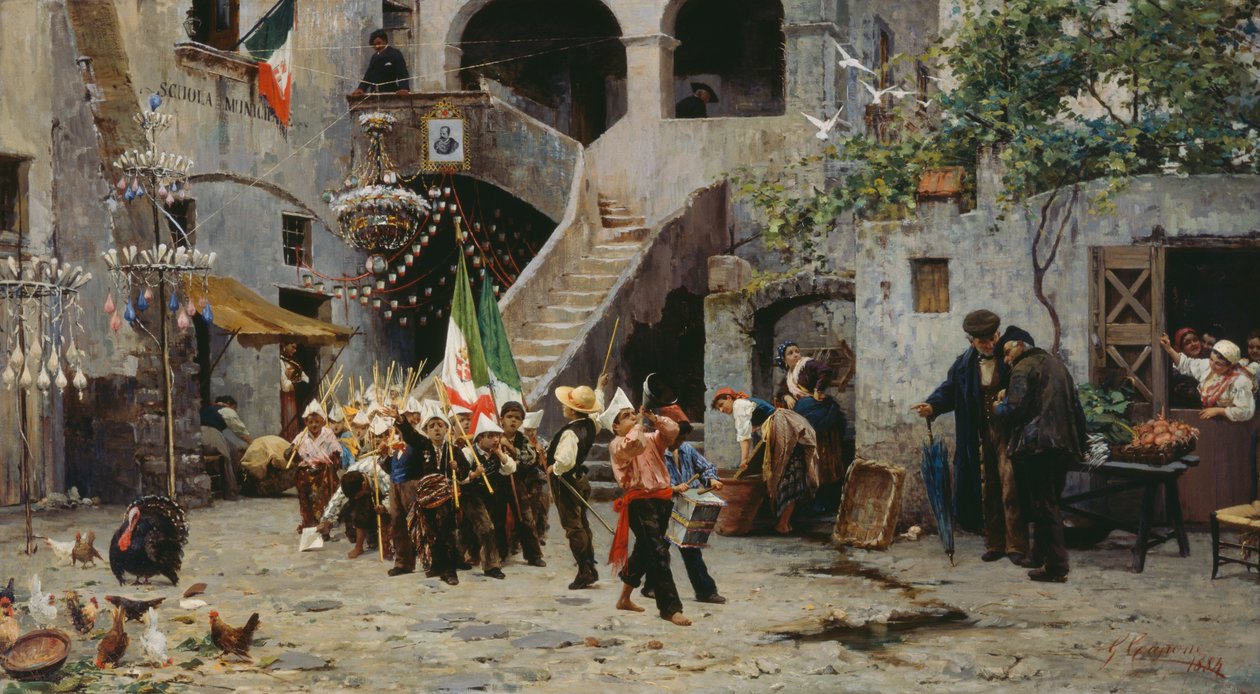 Long live the king procession of children with Italian flag
