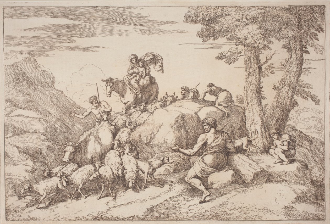 A Pastoral Journey with a Mother and Child on Horseback and an Elderly Shepherd Seated by Gaetano Zompini, after Giovanni Benedetto Castiglione
