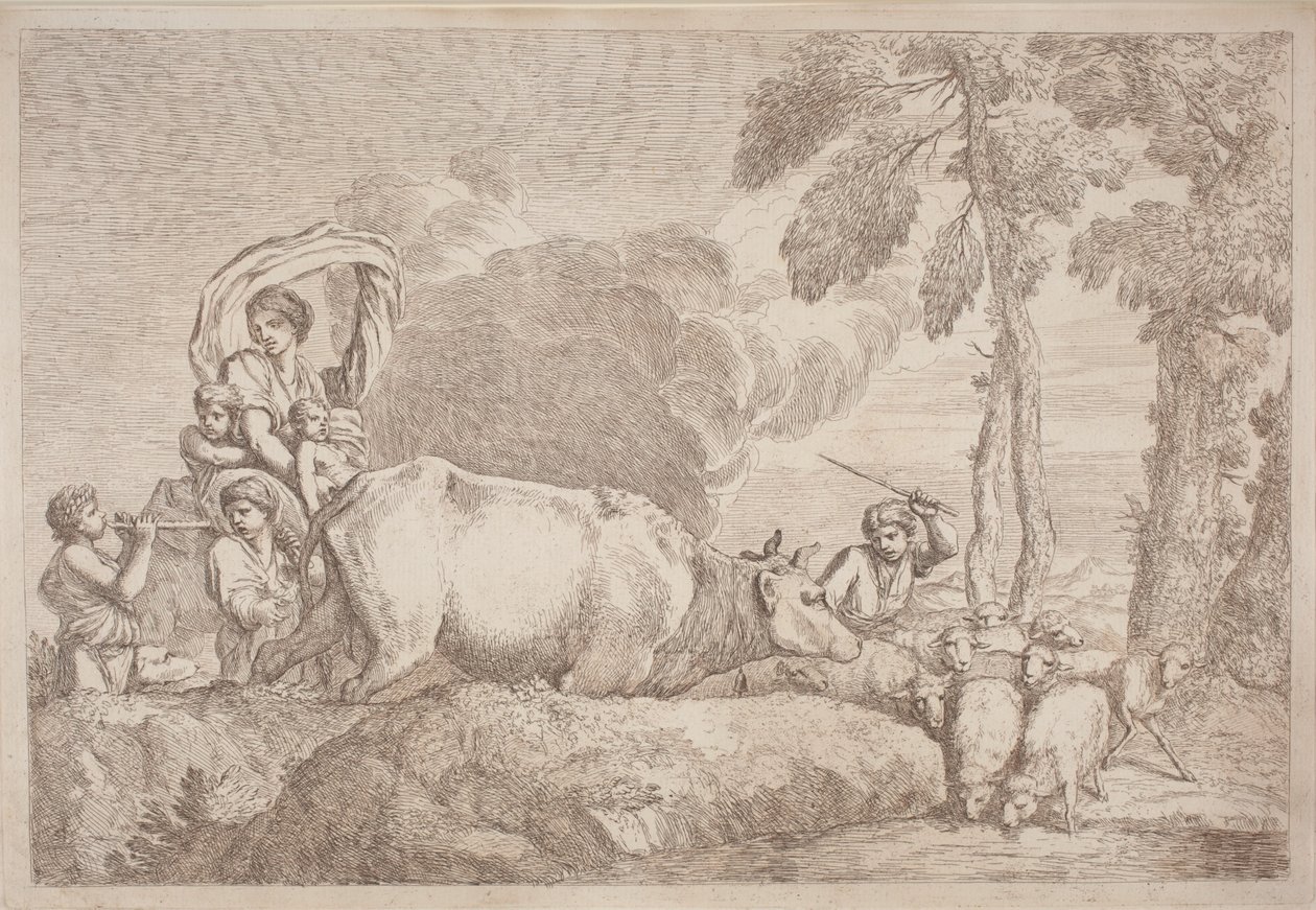 A Woman with Two Children on Horseback by Gaetano Zompini, after Giovanni Benedetto Castiglione