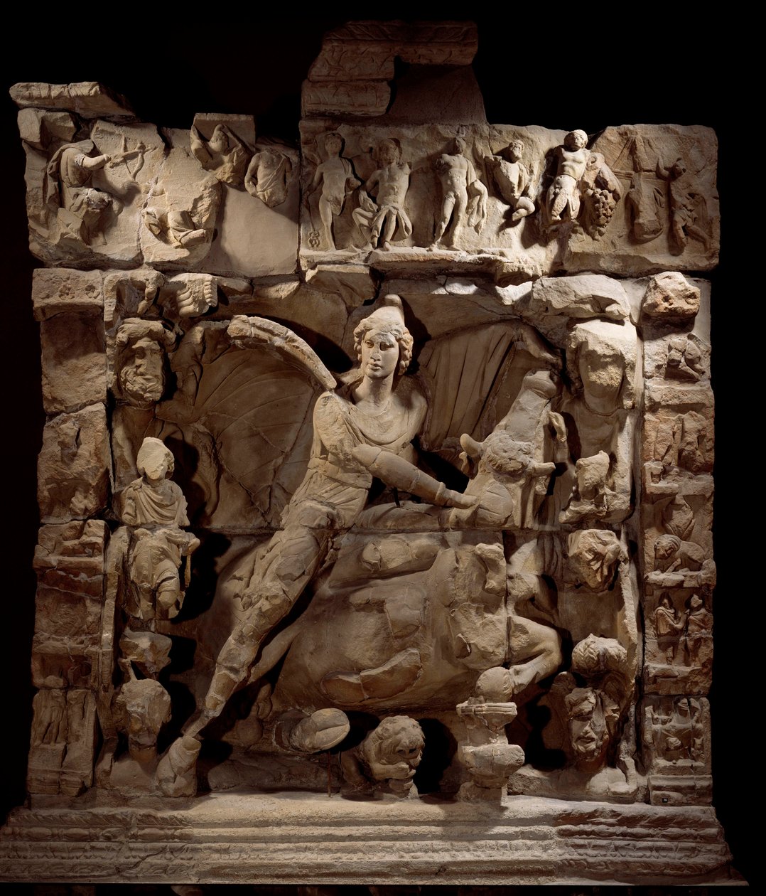 Gallo Roman Art: relief depicting Mithra the god of light with the bull. From a Mithraeum temple. 50 BC-100 AD. Metz. Museum of Fine Arts by Gallo Roman