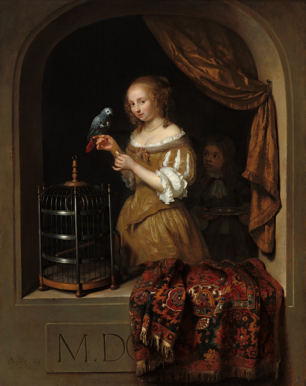 A Woman Feeding a Parrot, with a Page by Gaspar Netscher
