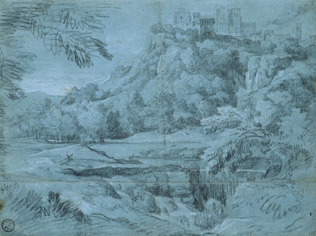 Landscape with Mountain Town and Waterfall by Gaspard Poussin Dughet