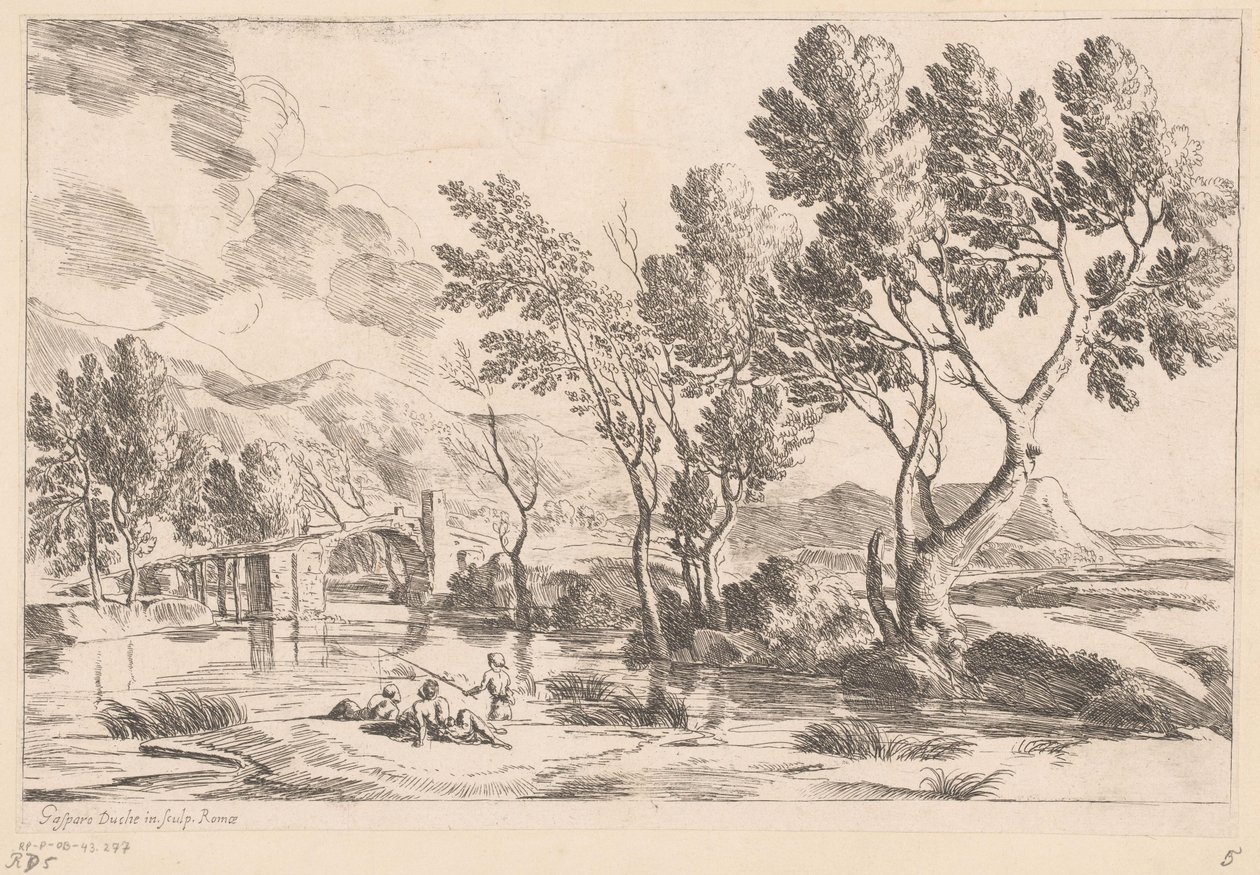 River Landscape with Bridge and Fishermen by Gaspard Dughet