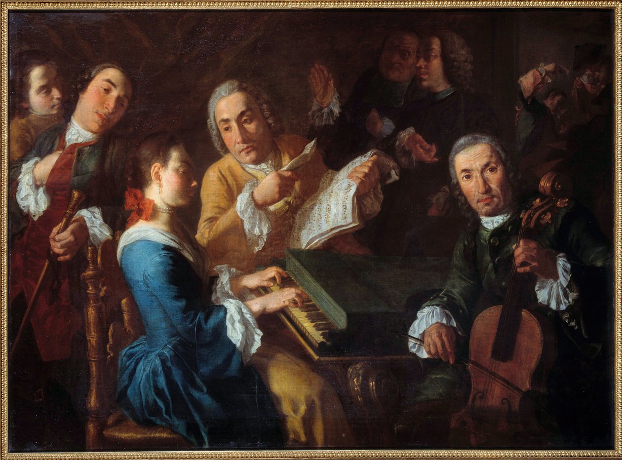 The concert. A musician at the harpsichord and a cellist. Painting