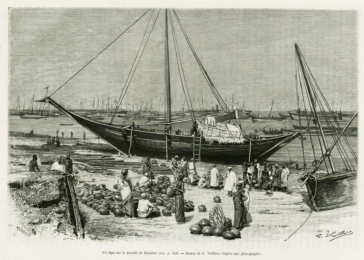 A tepe on the Zanzibar market (Tanzania). Engraving by G.Vuillier, to illustrate the story 