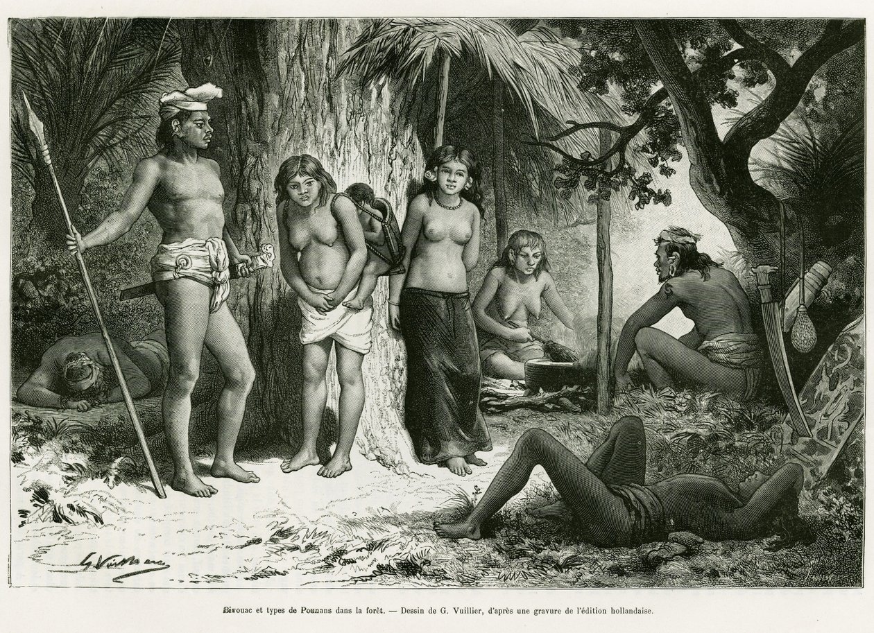 Bivouac and types of Lung in the forest. Engraving to illustrate the story De Koutei a Bandjirmasin, voyage through Borneo, by Carl Bock, in le tour du monde 1890, directed by Edouard Charton, Hachette, Paris. by Gaston Vuillier