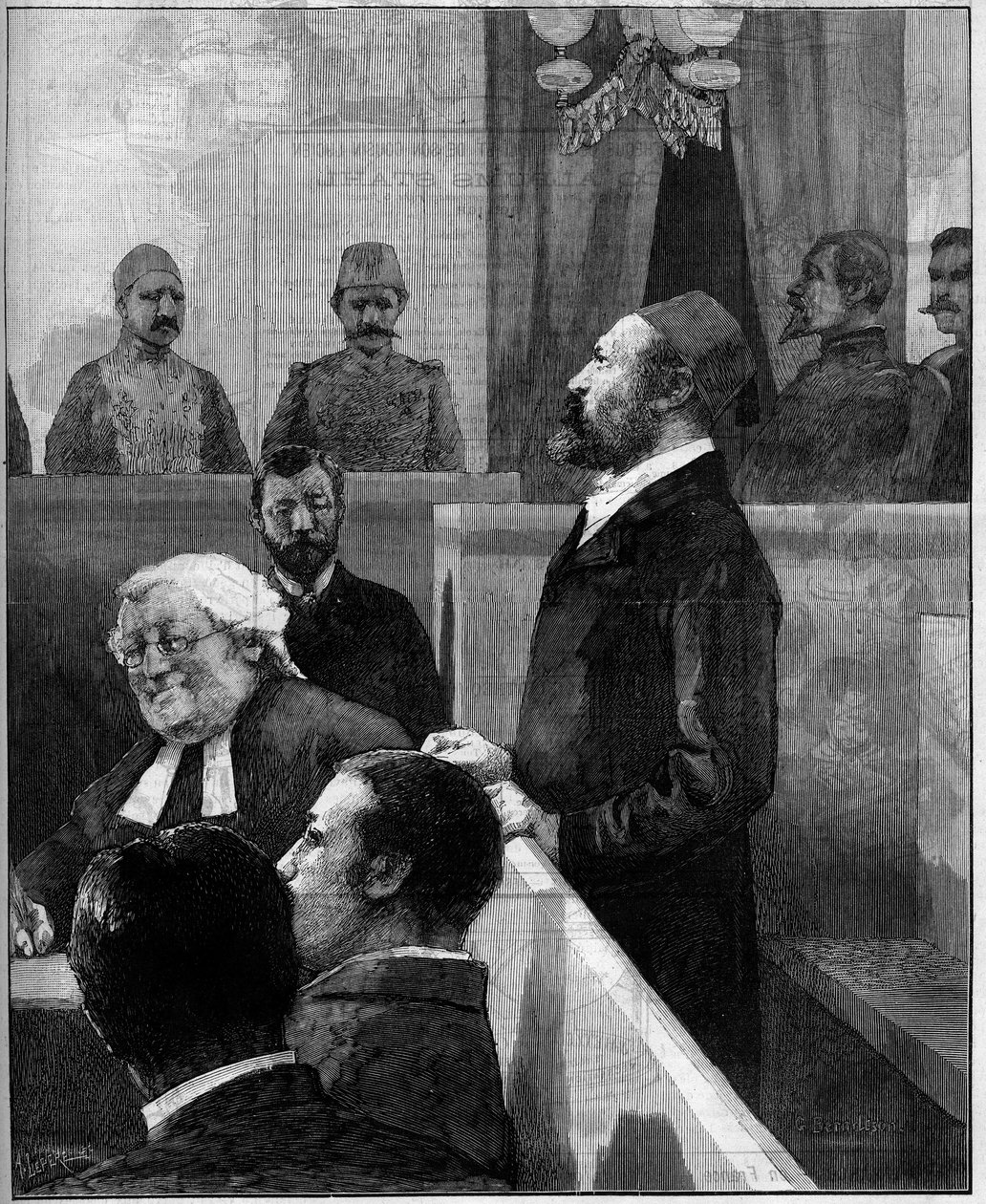 Trial of the Egyptian Arabi Pasha, organizer of the anti-European riot of Alexandria in June 1882. Engraving by Vuillier in 