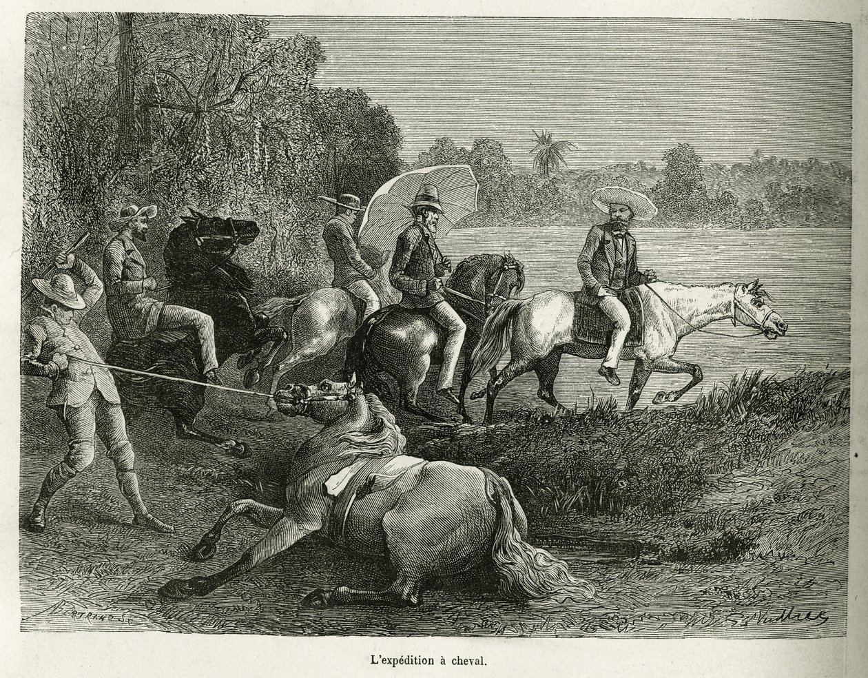 The expedition on horseback for the exploration of the valley of Terable (engraving after a drawing by G. Vuillier, to illustrate the story 