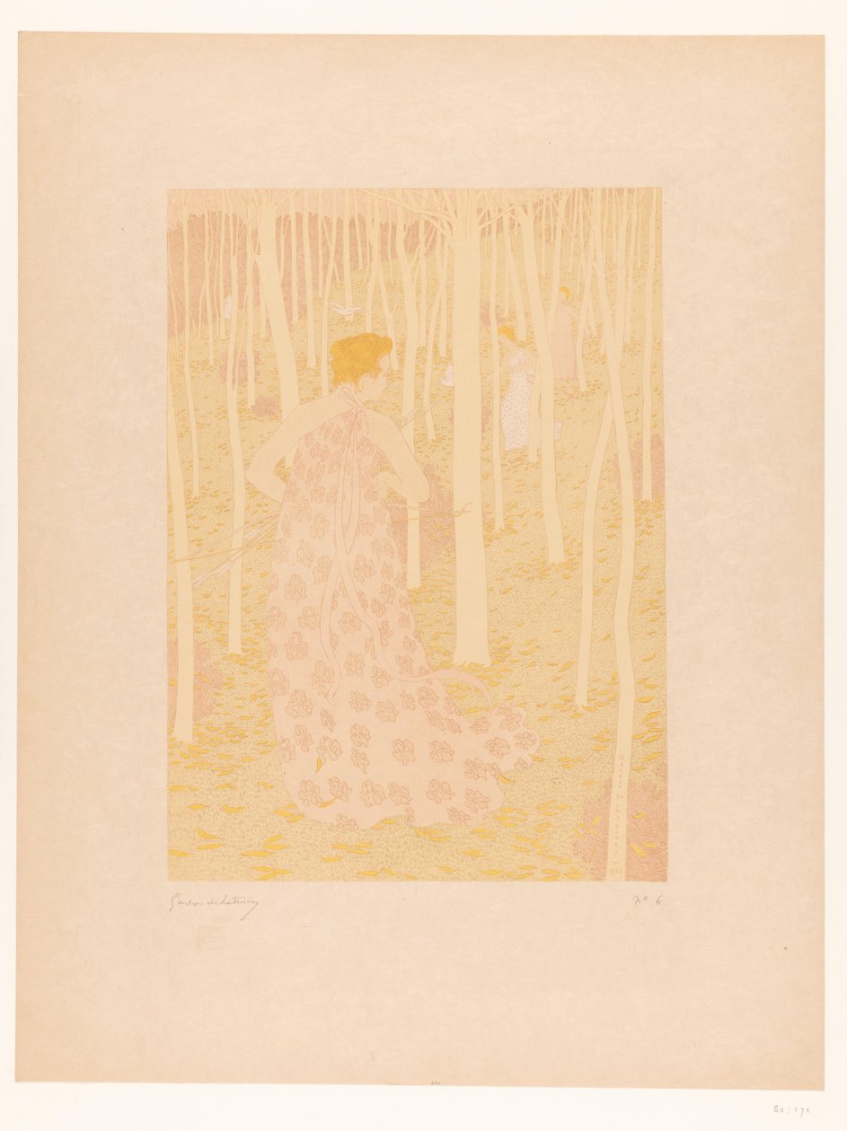 Women Hunting in a Forest by Gaston de Latenay (signed by artist)