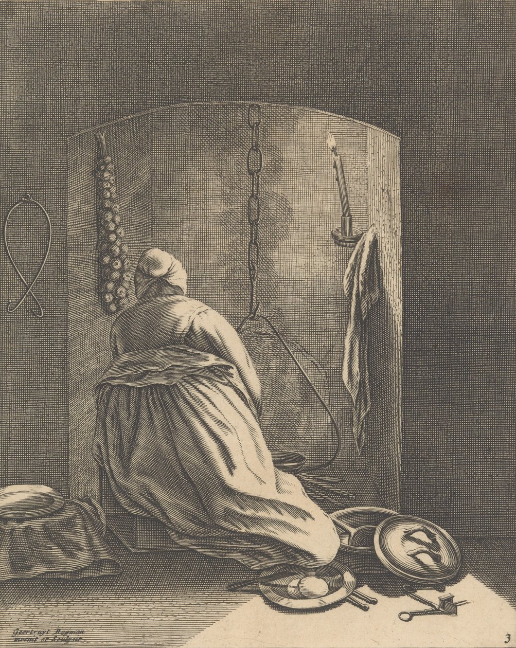 A Woman Cooking, Plate 3 from Five Feminine Occupations, ca. 1640-57 by Geertruydt Roghman