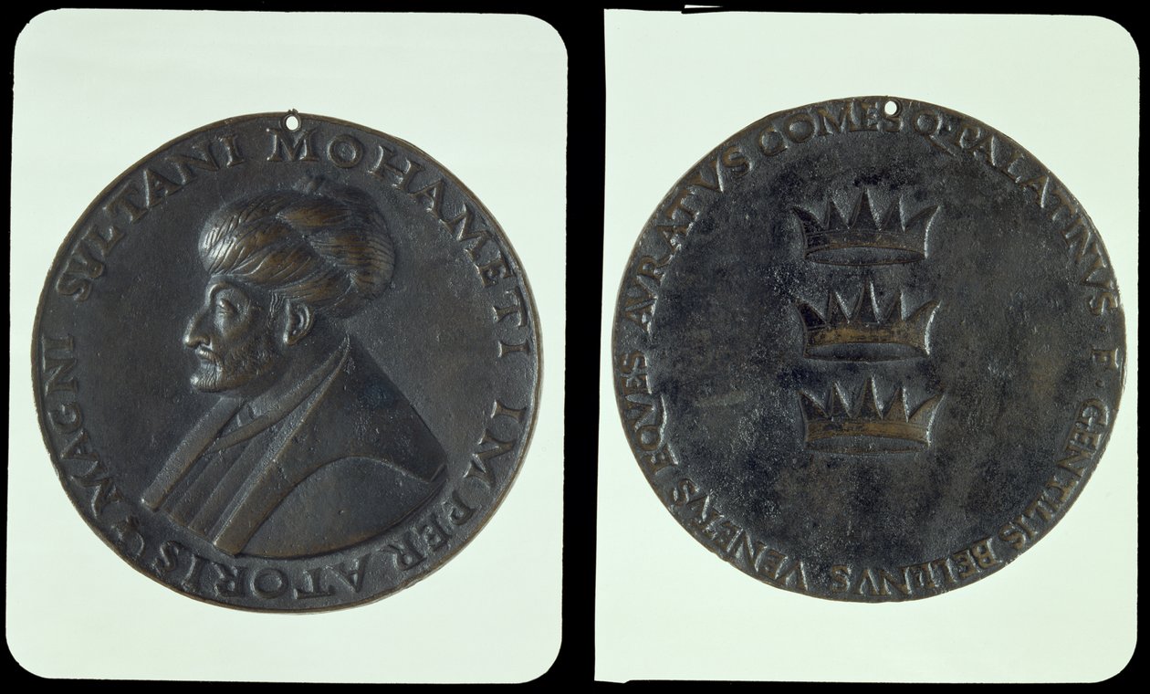 Portrait medal, obverse depicting Sultan Mehmed II (1432-81) reverse depicting three crowns by Gentile Bellini