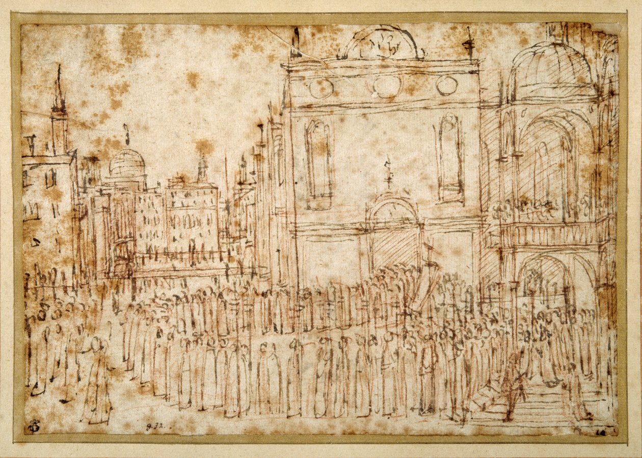A Venetian procession moving from a scuola to a flanking church by Gentile Bellini