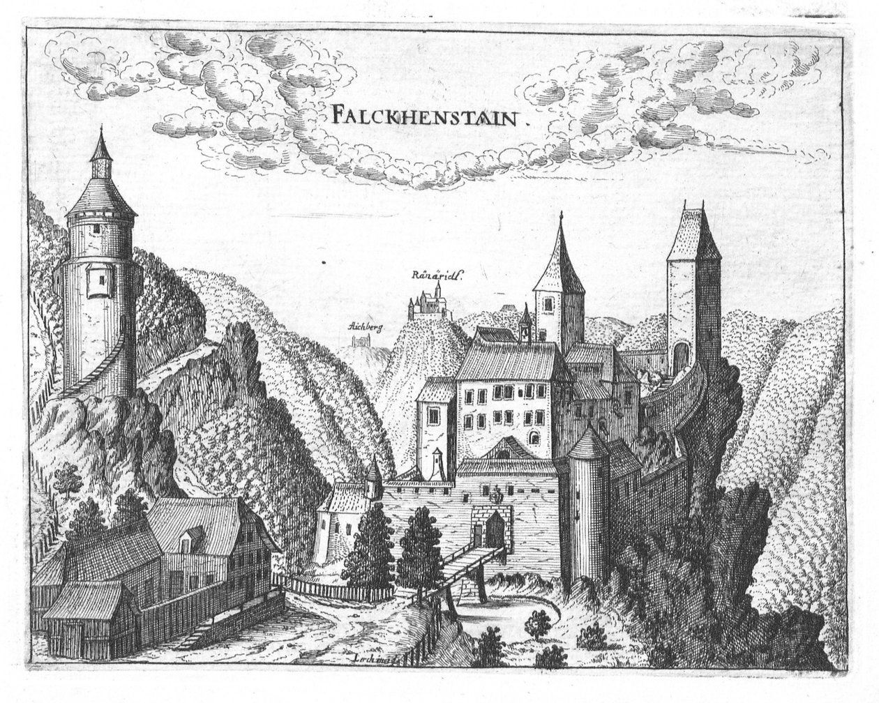 Engraving, View of Falkenstein Castle, Upper Austria by Georg Matthaus Vischer
