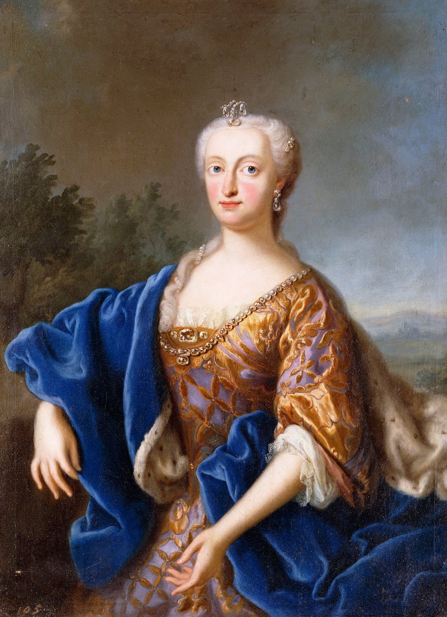 Portrait of Maria Amalia, standing three-quarter length, wearing an embroidered gown by Georg (circle of) Desmarees