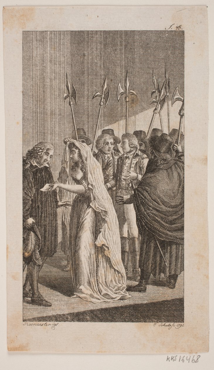 Illustration with a Young Lady Giving a Letter to an Older Man. In the Background Two Gentlemen Surrounded by City Guards by Georg Christian Schule