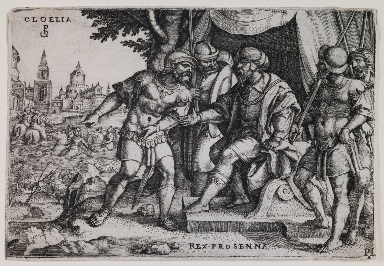 Cloelia and the Etruscan King Porsenna (engraving) by Georg Pencz