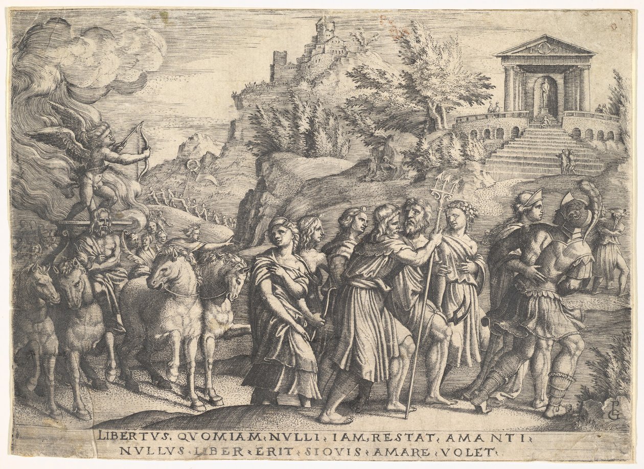Triumph of Love: Four Horses Draw a Carriage with Cupid Standing Upon a Smoking Platform by Georg Pencz