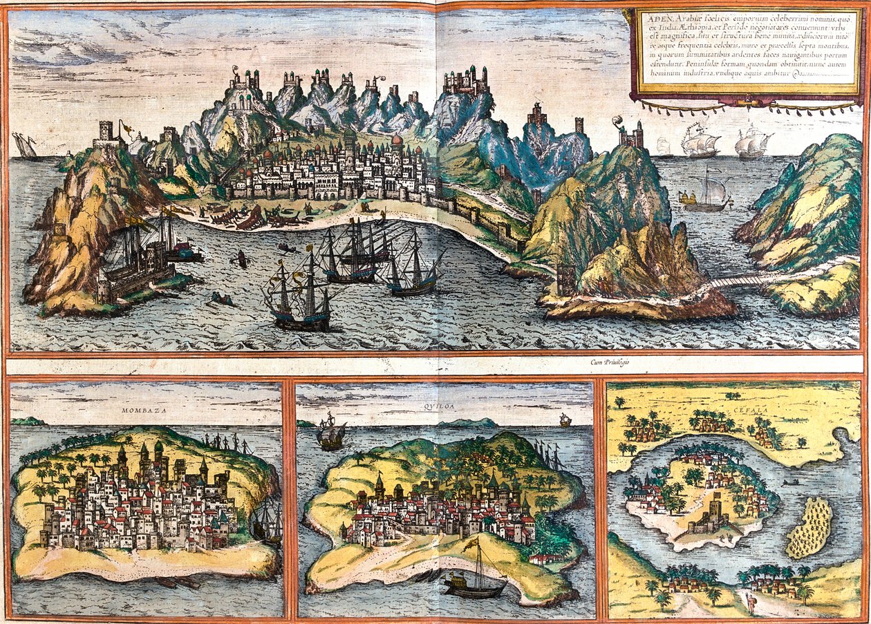 Aden, Mombasa, Kilwa, Nova Sofala, Yemen, Kenya, Tanzania, Mozambique by Georg and Hogenberg Franz (1535 90) Braun