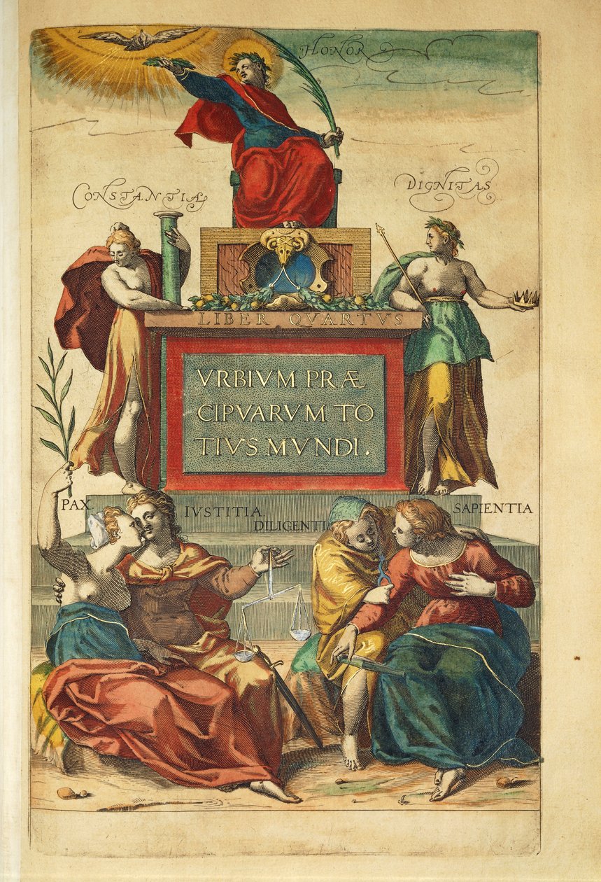 Frontispiece of volume IV depicting allegorical figures by Georg Braun and Hogenberg Franz