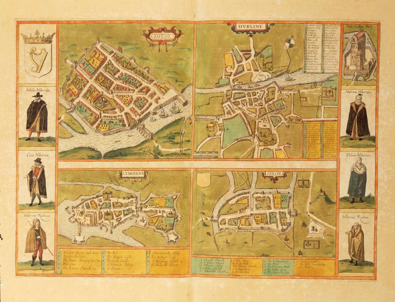 Map of Galway, Dublin, Limerick and Cork from Civitates Orbis Terrarum by Georg Braun and Hogenberg Franz
