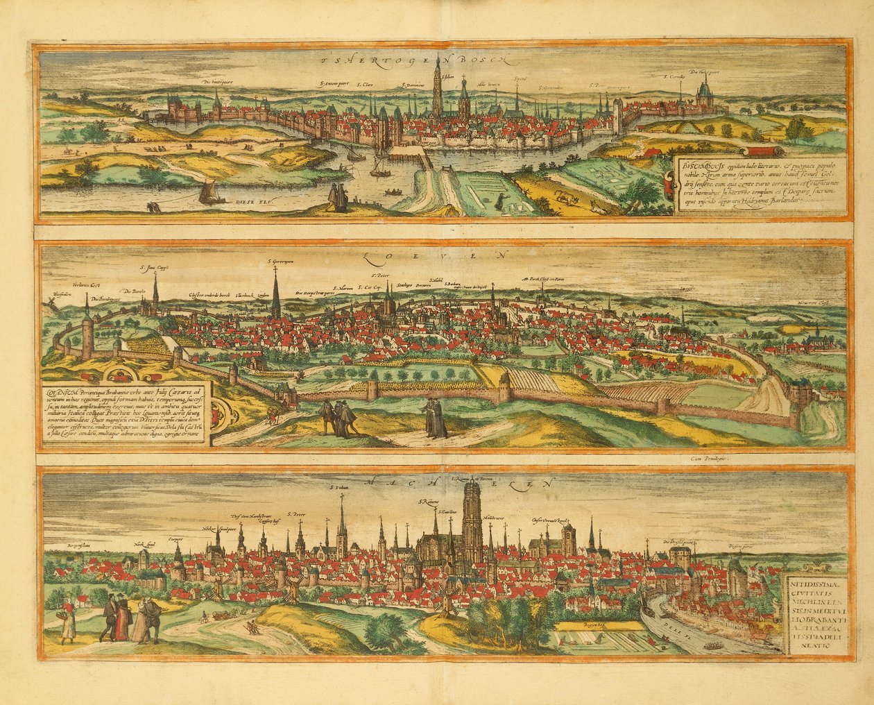 Map of Hertogenbosch, Leuven and Mechelen from Civitates Orbis Terrarum by Georg Braun by Georg Braun and Hogenberg Franz
